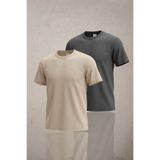 Altamira Erkek Bej Füme 2'li Krep Kumaş Salaş Çizgili T-shirt Seti