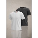 Altamira Erkek Beyaz Siyah 2'li Krep Kumaş Salaş Çizgili T-shirt Seti