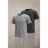 Altamira Erkek Duman Gri Siyah 2'li Krep Kumaş Salaş Çizgili T-shirt Seti