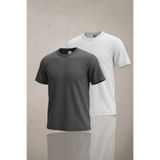 Altamira Erkek Füme Beyaz 2'li Krep Kumaş Salaş Çizgili T-shirt Seti