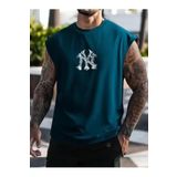 Altamira Erkek Petrol Mavi Ny Baskılı Oversize Kolsuz T-Shirt