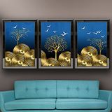 Altın Ağaçlar Temalı Aynalı Çerçeveli 3 lü Kanvas Tablo Seti 150x70 cm SETS0296