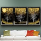 Altın Ay ve Ağaçlar Temalı Aynalı Çerçeveli 3 lü Kanvas Tablo Seti 150x70 cm SETS0298