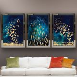 Altın Balıkları ve Kelebekler Altın Kuşlar Temalı Aynalı Çerçeveli 3 lü Kanvas Tablo Seti 150x70 cm SETS0222