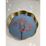 Altın Eskitme Ağaç Desen Yuvarlak Tepsi 36CM