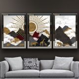 Altın Güneş Hayvanlar ve Dağlar Temalı Aynalı Çerçeveli 3 lü Kanvas Tablo Seti 150x70 cm SETS0269
