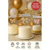 Altın Halkalı Happy Birthday Pasta Süsü – Gümüş Simli & Çiçekli Fiyonklu Doğum Günü Dekoru