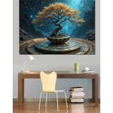 Altın Işıklı Bonsai Ağacı Dekoratif Kanvas - Mdf Ahşap Tablo