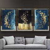 Altın Japon Balıkları ve Kelebekler Temalı Aynalı Çerçeveli 3 lü Kanvas Tablo Seti 150x70 cm SETS0221