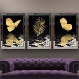 Altın Palmiye ve Altın Kelebekler Temalı Aynalı Çerçeveli 3 lü Kanvas Tablo Seti 150x70 cm SETS0009