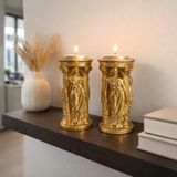 Altın Renk Antik Sütun Tasarım Dekoratif Tealight Mumluk Seti 2’li – 13 cm El Boyaması Taş Mumluk