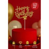 Altın Renkli Taşlı Happy Birthday Pasta Süsü – Işıltılı Metal Dekor Doğum Günü Aksesuarı