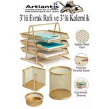 Altın Sarı Metal Evrak Rafı 3 Lü Ve Masaüstü Kalemlik 3 Lü 1 Paket Masaüstü A4 Dosya 3 Katlı Düzenleyici Kağıt Tepsisi