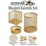 Altın Sarısı Masaüstü Fileli Kalemlik Seti 3 Parça 1 Paket 3 Lü Masa Üstü Düzenleyici Kalemlik Küp Notluk Ataşlık