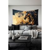 Altın Siyah At Desenli Duvar Halısı Duvar Örtüsü Tapestry Süetimsi Dokulu%100 Polyester Kumaş