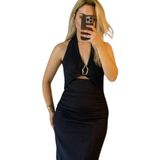 Altın Toka Detaylı Boyundan Bağlamalı Cutout Denim Midi Elbise, Fermuarlı, Elastan İçerir, Özel Gün ve Davetler için Uygun (l)