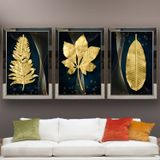 Altın Tropikal Yapraklar-2 Temalı Aynalı Çerçeveli 3 lü Kanvas Tablo Seti 150x70 cm SETS0229