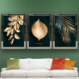 Altın Tropikal Yapraklar-3 Temalı Aynalı Çerçeveli 3 lü Kanvas Tablo Seti 150x70 cm SETS0233