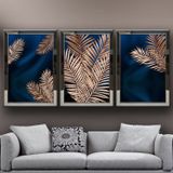 Altın Tropikal Yapraklar-4 Temalı Aynalı Çerçeveli 3 lü Kanvas Tablo Seti 150x70 cm SETS0246