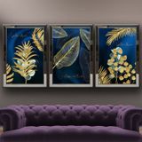 Altın Tropikal Yapraklar-5 Temalı Aynalı Çerçeveli 3 lü Kanvas Tablo Seti 150x70 cm SETS0256