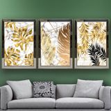 Altın Tropikal Yapraklar Temalı Aynalı Çerçeveli 3 lü Kanvas Tablo Seti 150x70 cm SETS0225