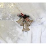 Altın Yaldızlı Noel Çanı Süsü, Kırmızı Kurdele ve Çam Kozalağı ile, Yılbaşı Ağacı Dekorasyonu, Glitter Efektli 12 cm