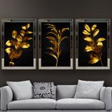 Altın Yapraklar-2 Temalı Aynalı Çerçeveli 3 lü Kanvas Tablo Seti 150x70 cm SETS0061