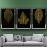 Altın Yapraklar-3 Temalı Aynalı Çerçeveli 3 lü Kanvas Tablo Seti 150x70 cm SETS0259