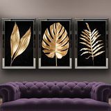Altın Yapraklar-6 Temalı Aynalı Çerçeveli 3 lü Kanvas Tablo Seti 150x70 cm SETS0355