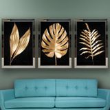 Altın Yapraklar Temalı Aynalı Çerçeveli 3 lü Kanvas Tablo Seti 150x70 cm SETS0051