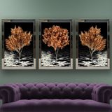 Altın Yapraklı Ağaçdalları Temalı Aynalı Çerçeveli 3 lü Kanvas Tablo Seti 150x70 cm SETS0263