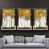 Altın Yapraklı Ağaçlar Temalı Aynalı Çerçeveli 3 lü Kanvas Tablo Seti 150x70 cm SETS0265