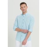 Altınyıldız Classics Erkek Antrasit Slim Fit Dar Kesim Düğmeli Yaka Keten Görünümlü %100 Pamuk Flamlı Gömlek - Turkuaz