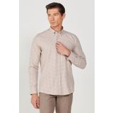 ALTINYILDIZ CLASSICS Erkek Bej-Beyaz Slim Fit Dar Kesim Düğmeli Yaka Pamuklu Kareli Gömlek