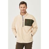 Altınyıldız Classics Erkek Bej Oversize Bol Kesim Dik Bato Yaka Cep Detaylı Fermuarlı Soğuk Geçirmez Polar Sweatshirt