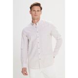 ALTINYILDIZ CLASSICS Erkek Bej Slim Fit Dar Kesim Düğmeli Yaka Keten Görünümlü %100 Pamuk Flamlı Yazlık Gömlek