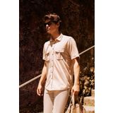 ALTINYILDIZ CLASSICS Erkek Bej Slim Fit Dar Kesim Gizli Düğme Yaka Pamuklu Kısa Kollu Gömlek