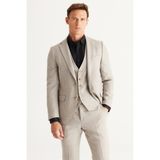 ALTINYILDIZ CLASSICS Erkek Bej Slim Fit Dar Kesim Mono Yaka Desenli Yelekli Takım Elbise - 6 Drop - 50