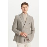 ALTINYILDIZ CLASSICS Erkek Bej Yünlü Slim Fit Kırlangıç Yaka Kapak Cepli Diagonal Desenli Blazer Kruvaze Ceket