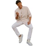 ALTINYILDIZ CLASSICS Erkek Beyaz-Bej Comfort Fit Rahat Kesim Düğmeli Yaka Pamuklu Kareli Gömlek, Beyaz-Bej, L