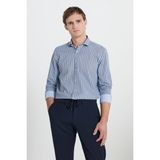 Altınyıldız Classics Erkek Beyaz-Lacivert %100 Pamuk Slim Fit Dar Kesim Küçük İtalyan Yaka Çizgili Gömlek - Beyaz - Lacivert
