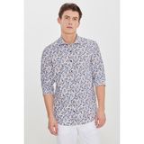 Altınyıldız Classics Erkek Beyaz-Lacivert Pamuklu Slim Fit Dar Kesim Büyük İtalyan Yaka Baskılı Gömlek - Beyaz - Lacivert