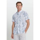 Altınyıldız Classics Erkek Beyaz-Lacivert Slim Fit Dar Kesim Düğmeli Yaka Keten Çizgili Gömlek - Beyaz - Lacivert