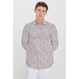Altınyıldız Classics Erkek Beyaz-Sarı Pamuklu Slim Fit Dar Kesim Büyük İtalyan Yaka Baskılı Gömlek - Beyaz - Sarı