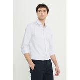 Altınyıldız Classics Erkek Beyaz-Siyah %100 Pamuk Slim Fit Dar Kesim Küçük İtalyan Yaka Çizgili Gömlek - Beyaz - Siyah