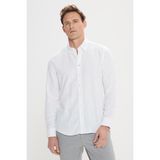 Altınyıldız Classics Erkek Beyaz Slim Fit Dar Kesim Gizli Düğmeli Yaka Keten Görünümlü %100 Pamuk Flamlı Gömlek