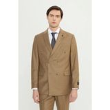 Altınyıldız Classics Erkek Camel Yünlü Slim Fit Dar Kesim Kırlangıç Yaka Kapak Cepli Kruvaze Takım Elbise - Kahverengi