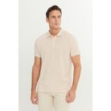 Altınyıldız Classics Erkek Çekmeyen Pamuklu Kumaş Slim Fit Dar Kesim Açık Bej-Beyaz Kıvrılmaz Polo Yaka Tişört