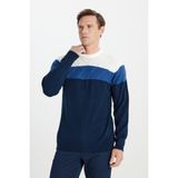 Altınyıldız Classics Erkek Ekru-Lacivert Standart Fit Normal Kesim Bisiklet Yaka Colorblock Desenli Triko Kazak - Ekru - Lacivert - XL