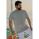 ALTINYILDIZ CLASSICS Erkek Gri-Ekru %100 Keten Slim Fit Dar Kesim Çizgili Bisiklet Yaka Tişört